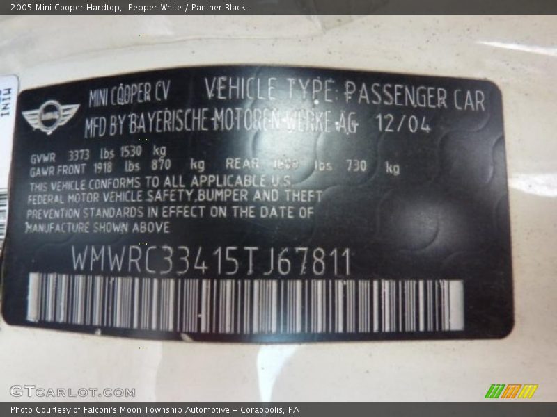 Pepper White / Panther Black 2005 Mini Cooper Hardtop