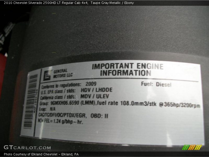 Info Tag of 2010 Silverado 2500HD LT Regular Cab 4x4