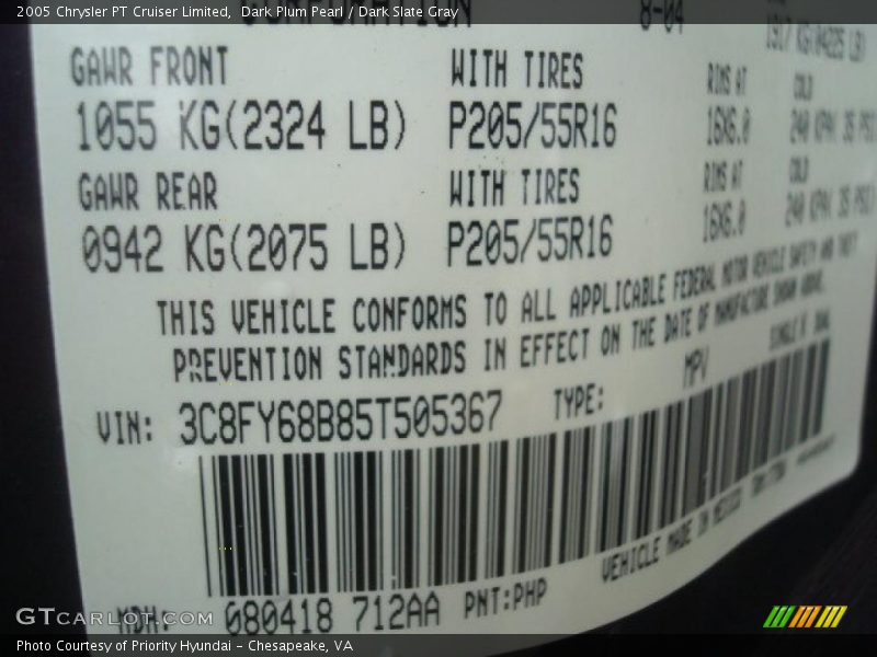 2005 PT Cruiser Limited Dark Plum Pearl Color Code PHP
