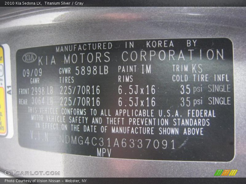 Titanium Silver / Gray 2010 Kia Sedona LX