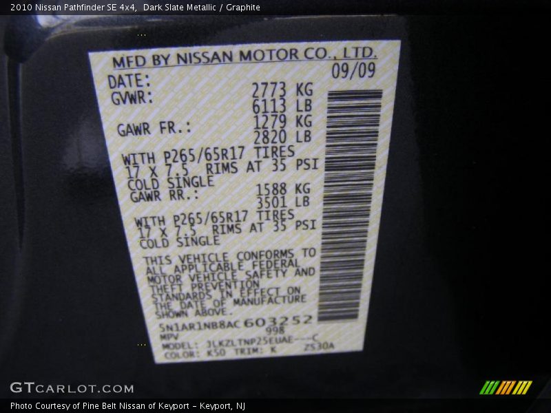 2010 Pathfinder SE 4x4 Dark Slate Metallic Color Code K50