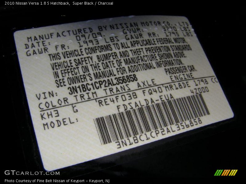 2010 Versa 1.8 S Hatchback Super Black Color Code KH3