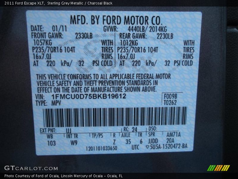 Sterling Grey Metallic / Charcoal Black 2011 Ford Escape XLT