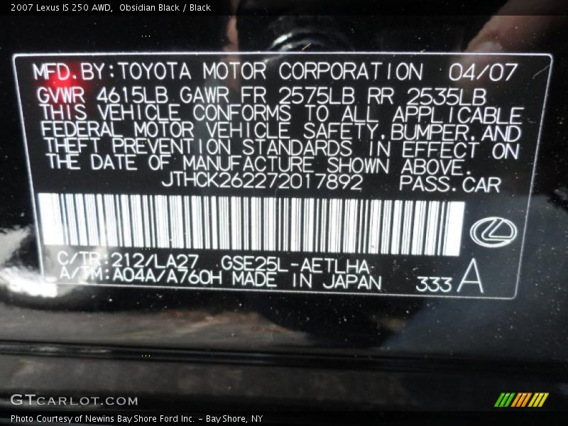 Obsidian Black / Black 2007 Lexus IS 250 AWD