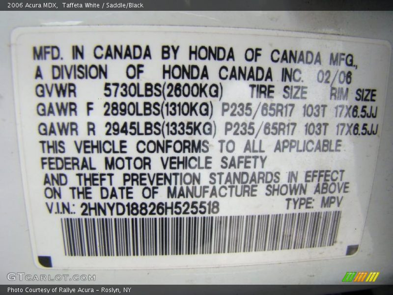 Taffeta White / Saddle/Black 2006 Acura MDX
