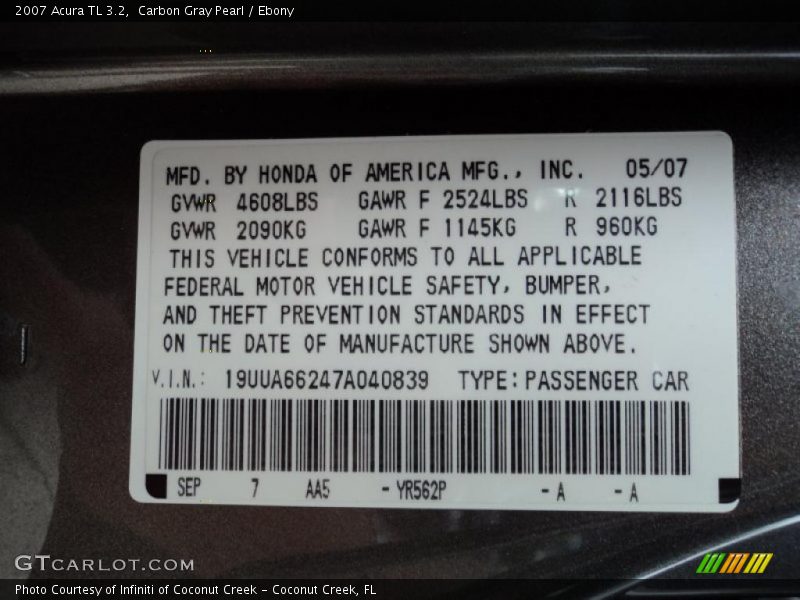 Carbon Gray Pearl / Ebony 2007 Acura TL 3.2