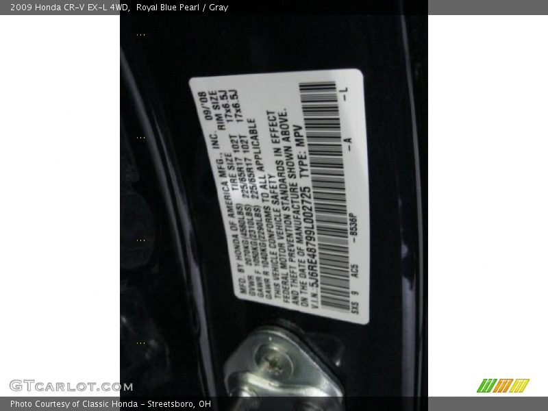 Royal Blue Pearl / Gray 2009 Honda CR-V EX-L 4WD