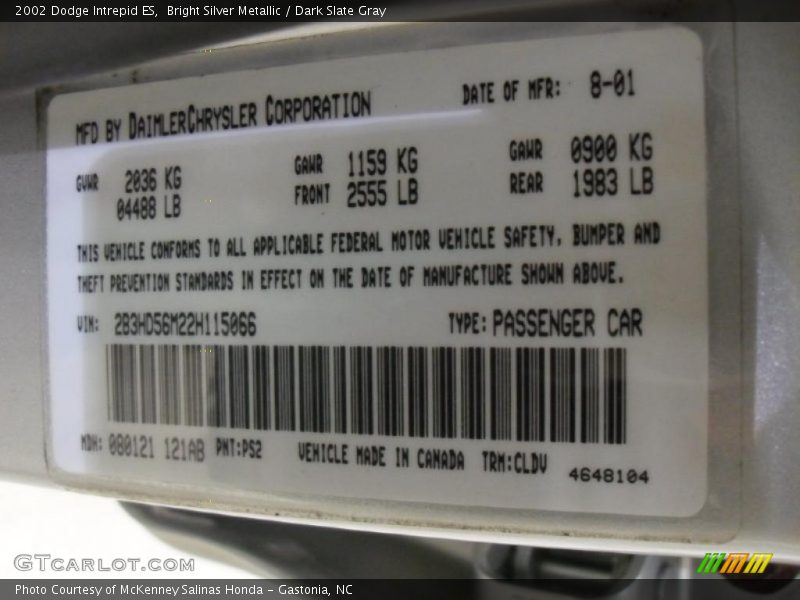 Bright Silver Metallic / Dark Slate Gray 2002 Dodge Intrepid ES