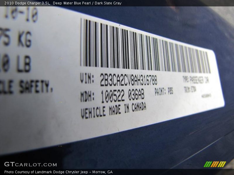 Deep Water Blue Pearl / Dark Slate Gray 2010 Dodge Charger 3.5L