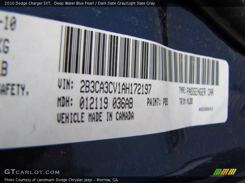 Deep Water Blue Pearl / Dark Slate Gray/Light Slate Gray 2010 Dodge Charger SXT