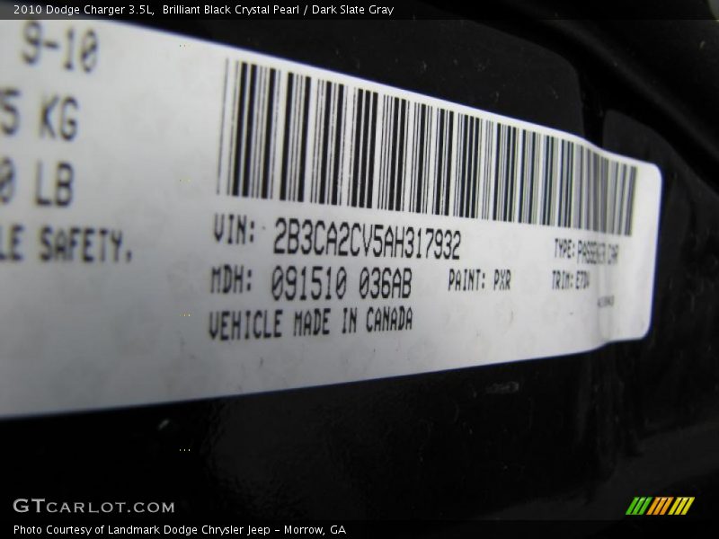 Brilliant Black Crystal Pearl / Dark Slate Gray 2010 Dodge Charger 3.5L