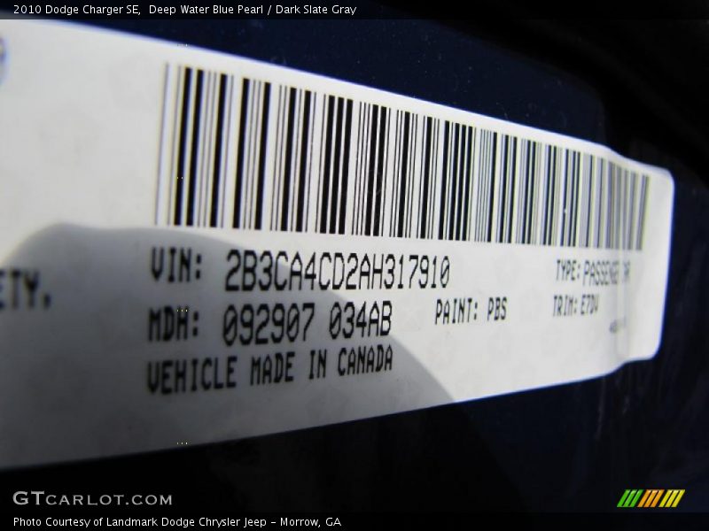 Deep Water Blue Pearl / Dark Slate Gray 2010 Dodge Charger SE