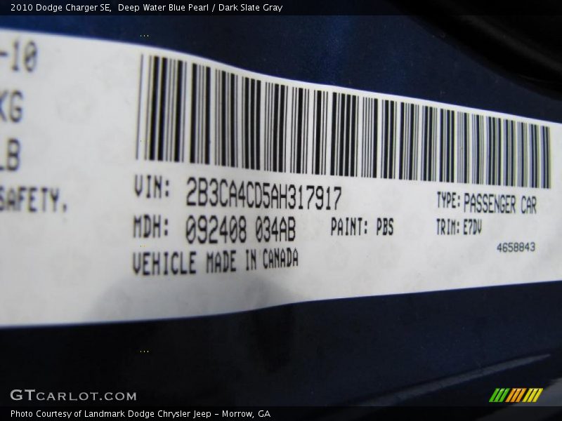 Deep Water Blue Pearl / Dark Slate Gray 2010 Dodge Charger SE