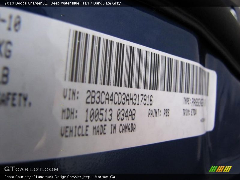 Deep Water Blue Pearl / Dark Slate Gray 2010 Dodge Charger SE