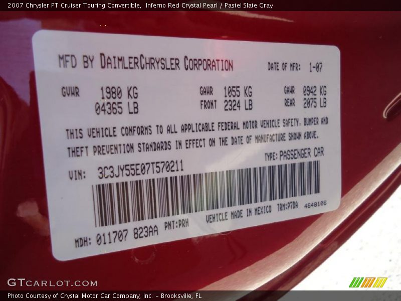 2007 PT Cruiser Touring Convertible Inferno Red Crystal Pearl Color Code PRH