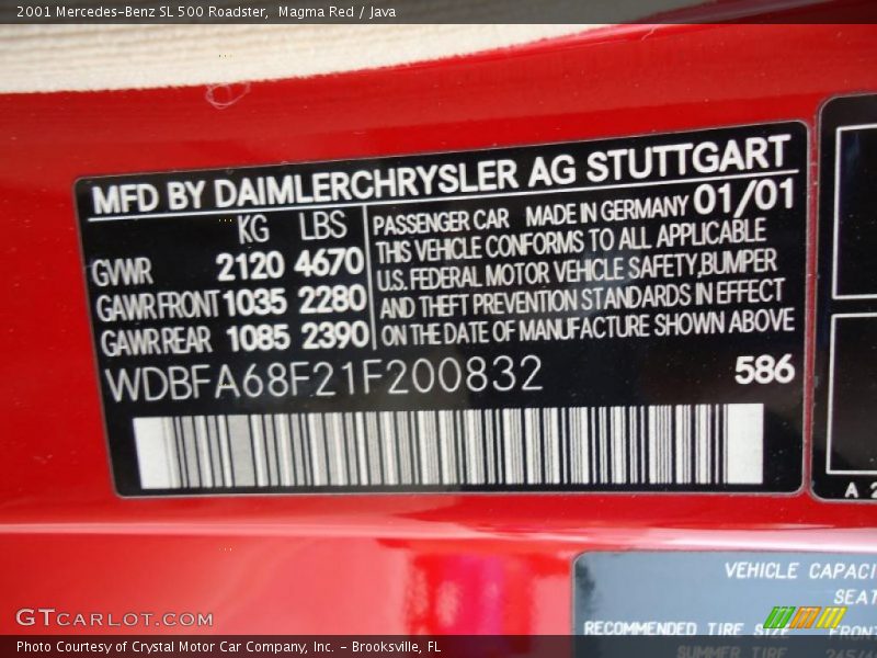 2001 SL 500 Roadster Magma Red Color Code 586