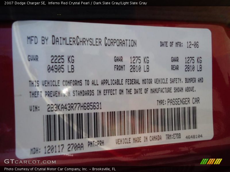 Inferno Red Crystal Pearl / Dark Slate Gray/Light Slate Gray 2007 Dodge Charger SE