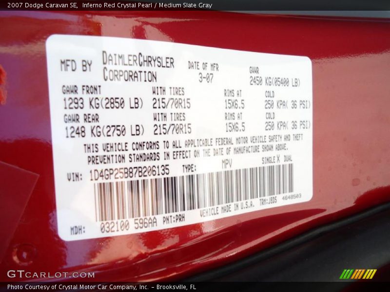 2007 Caravan SE Inferno Red Crystal Pearl Color Code PRH