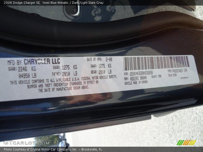 Steel Blue Metallic / Dark/Light Slate Gray 2008 Dodge Charger SE