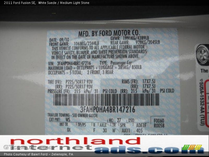White Suede / Medium Light Stone 2011 Ford Fusion SE
