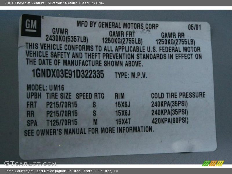 Silvermist Metallic / Medium Gray 2001 Chevrolet Venture