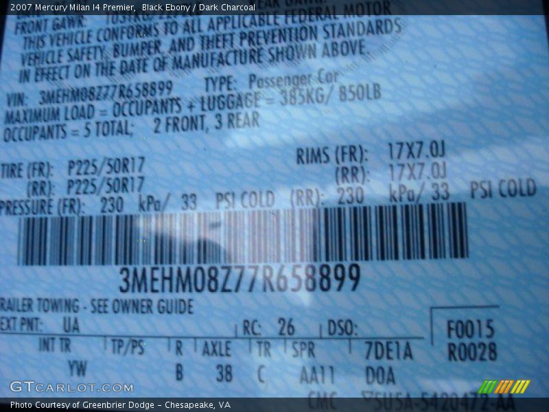 Black Ebony / Dark Charcoal 2007 Mercury Milan I4 Premier