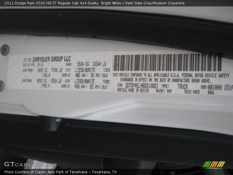 2011 Ram 3500 HD ST Regular Cab 4x4 Dually Bright White Color Code PW7