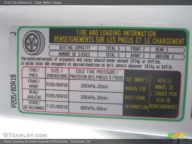 Clear White / Beige 2010 Kia Optima LX