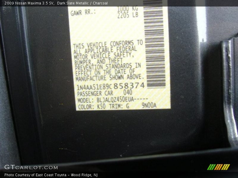 Dark Slate Metallic / Charcoal 2009 Nissan Maxima 3.5 SV
