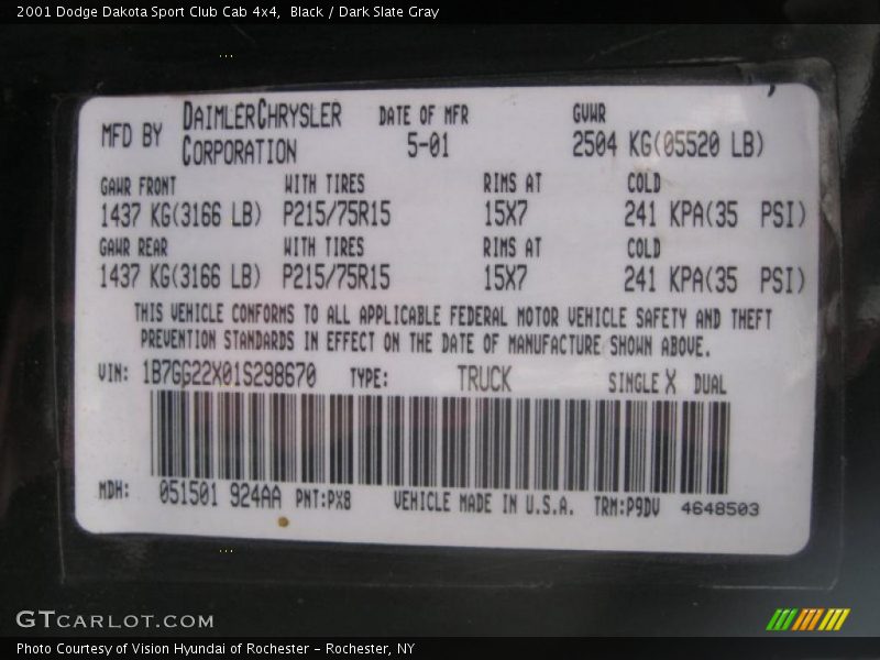 2001 Dakota Sport Club Cab 4x4 Black Color Code PX8