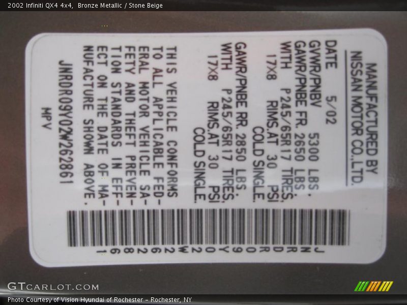 Info Tag of 2002 QX4 4x4