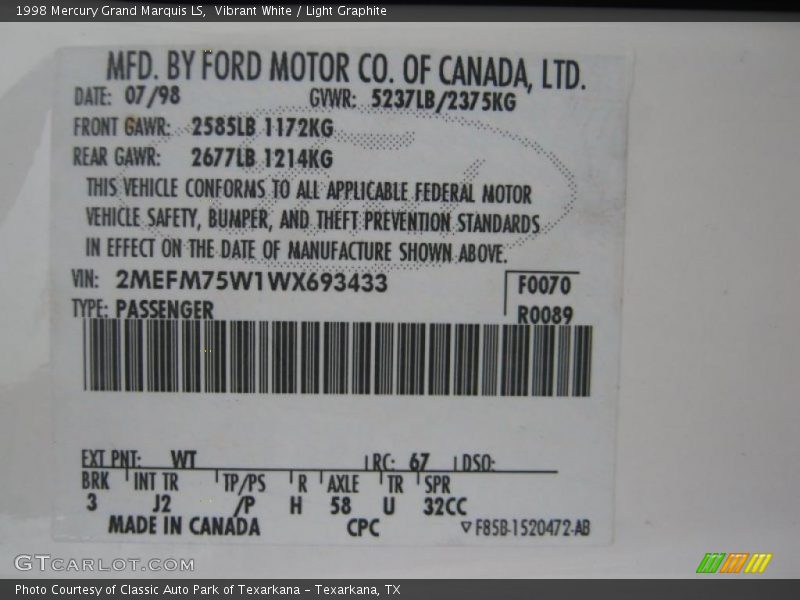 Vibrant White / Light Graphite 1998 Mercury Grand Marquis LS