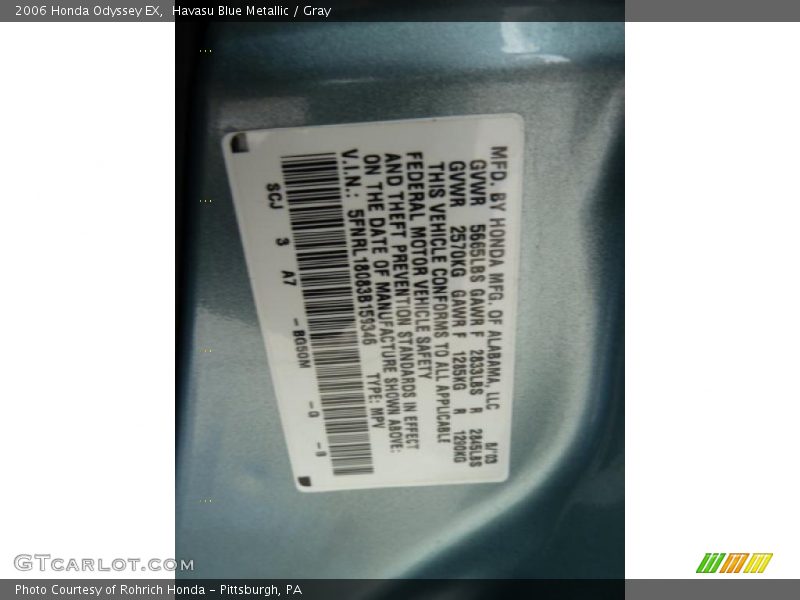 Havasu Blue Metallic / Gray 2006 Honda Odyssey EX