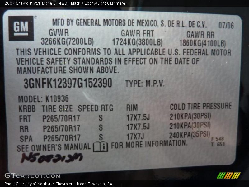 Black / Ebony/Light Cashmere 2007 Chevrolet Avalanche LT 4WD