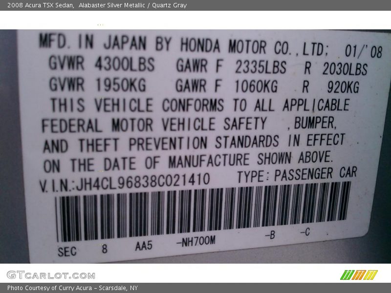 Alabaster Silver Metallic / Quartz Gray 2008 Acura TSX Sedan