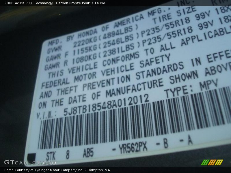 Carbon Bronze Pearl / Taupe 2008 Acura RDX Technology
