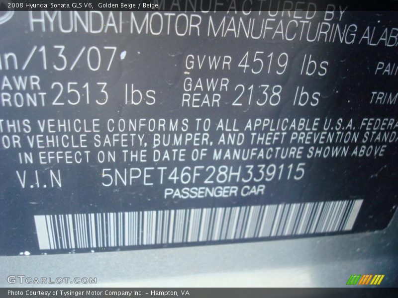 Golden Beige / Beige 2008 Hyundai Sonata GLS V6