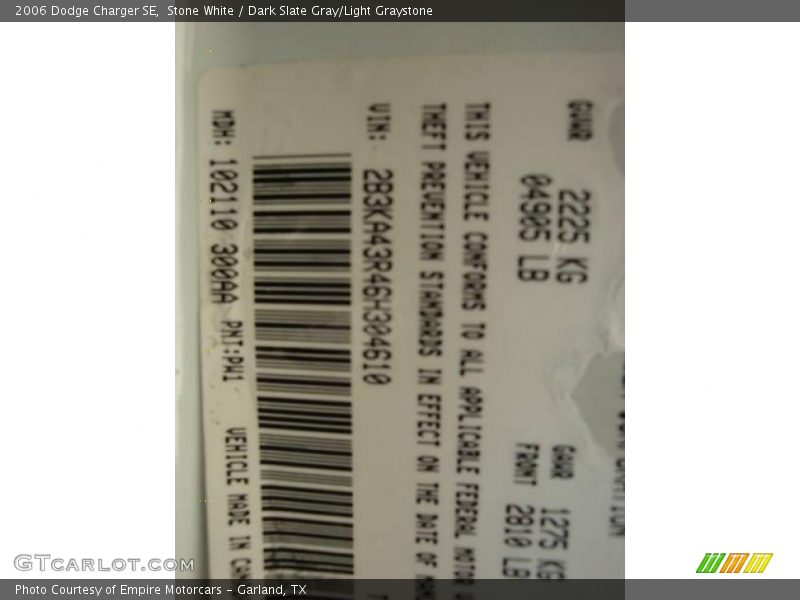2006 Charger SE Stone White Color Code PW1