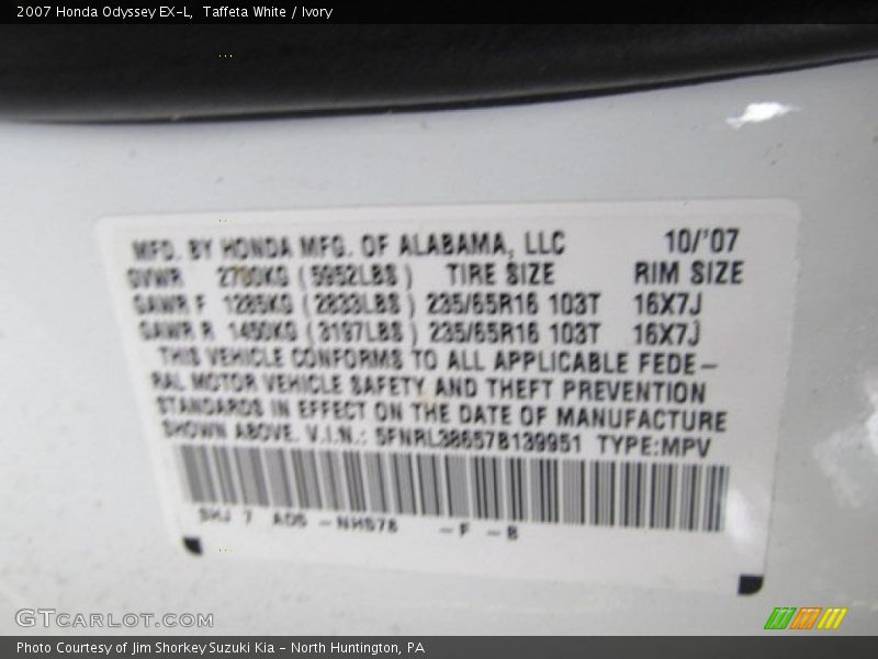 Taffeta White / Ivory 2007 Honda Odyssey EX-L