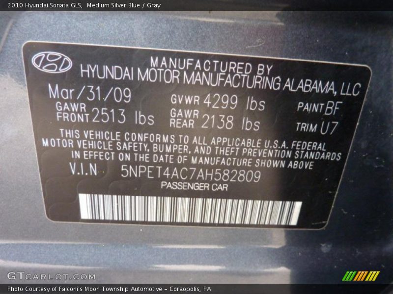 Medium Silver Blue / Gray 2010 Hyundai Sonata GLS