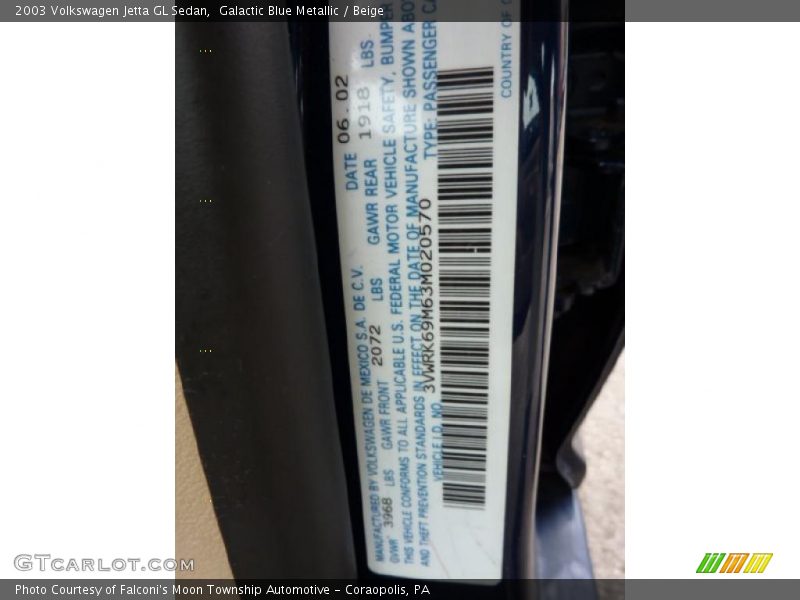 Galactic Blue Metallic / Beige 2003 Volkswagen Jetta GL Sedan