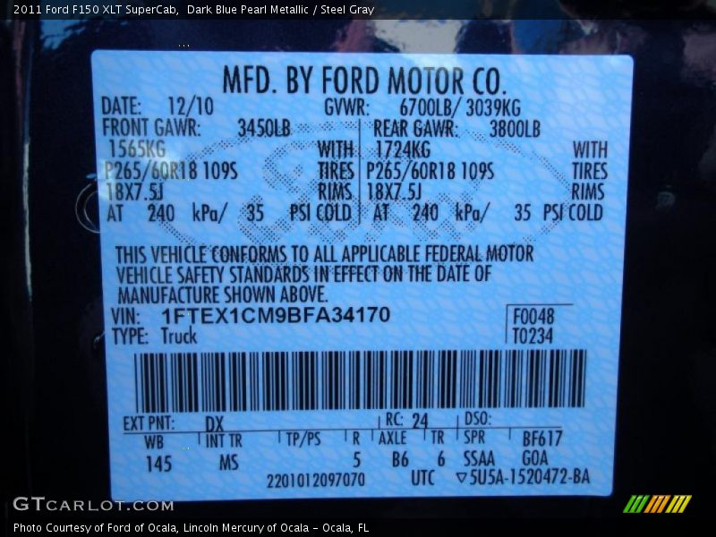 2011 F150 XLT SuperCab Dark Blue Pearl Metallic Color Code DX Photo No