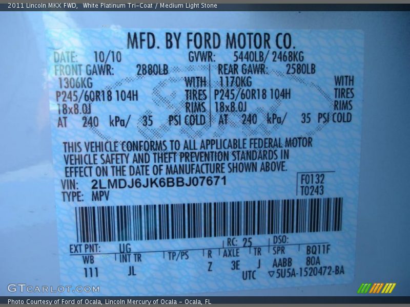White Platinum Tri-Coat / Medium Light Stone 2011 Lincoln MKX FWD