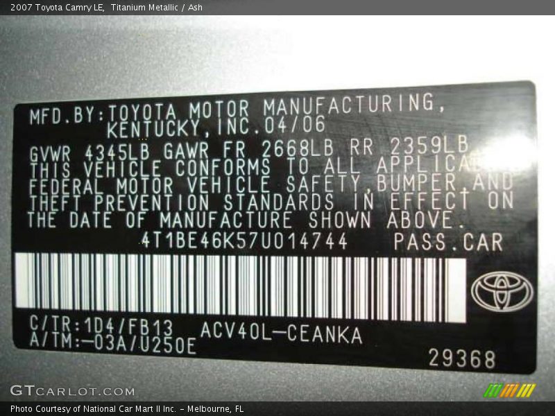 Titanium Metallic / Ash 2007 Toyota Camry LE