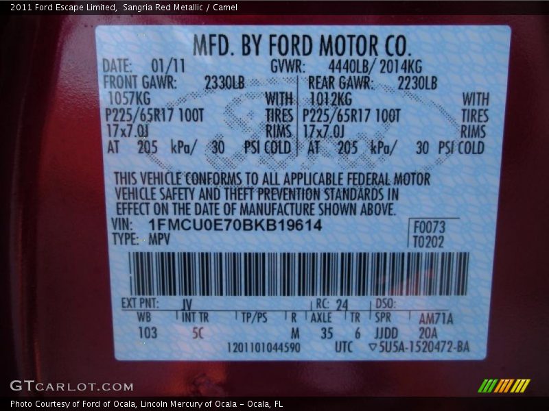 2011 Escape Limited Sangria Red Metallic Color Code JV