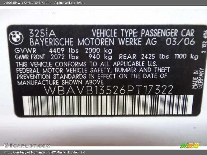 Alpine White / Beige 2006 BMW 3 Series 325i Sedan