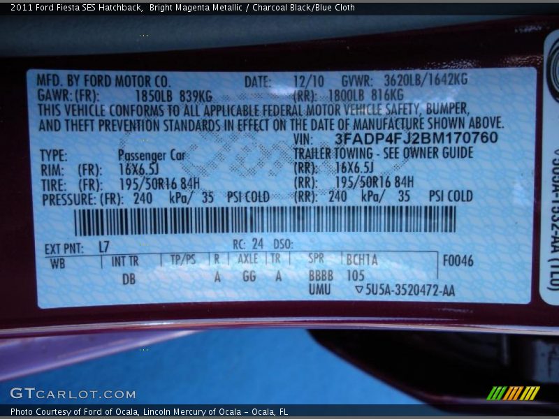 2011 Fiesta SES Hatchback Bright Magenta Metallic Color Code L7