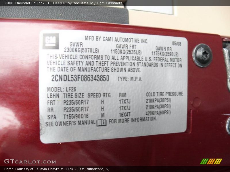 Info Tag of 2008 Equinox LT