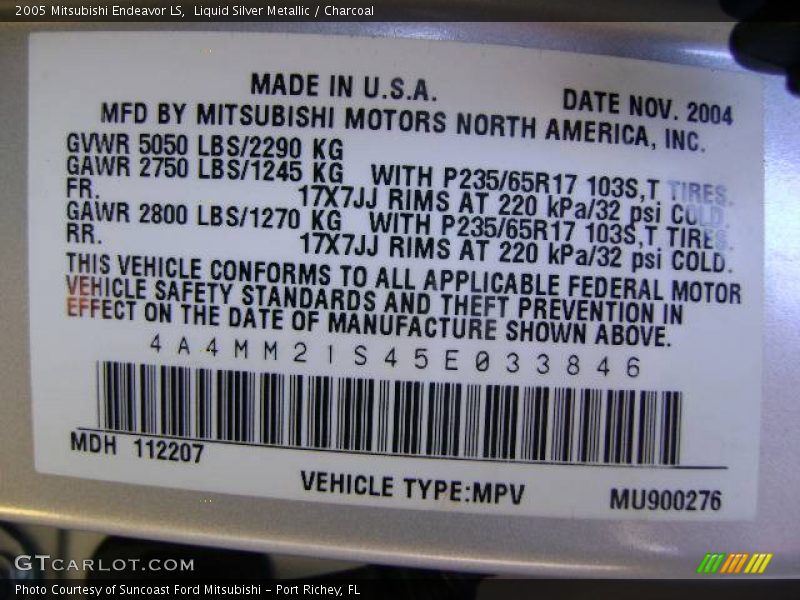 Liquid Silver Metallic / Charcoal 2005 Mitsubishi Endeavor LS