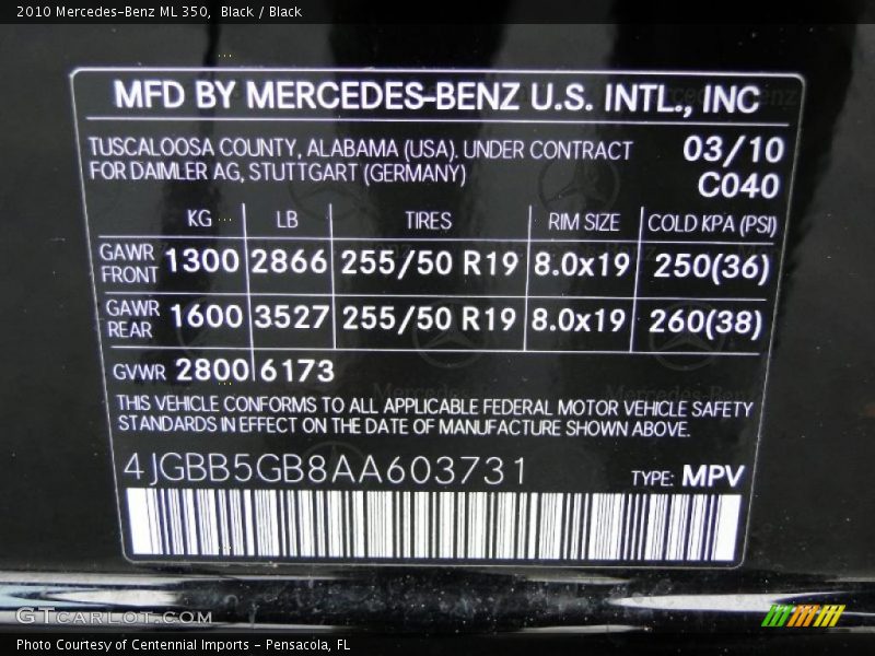 2010 ML 350 Black Color Code 040